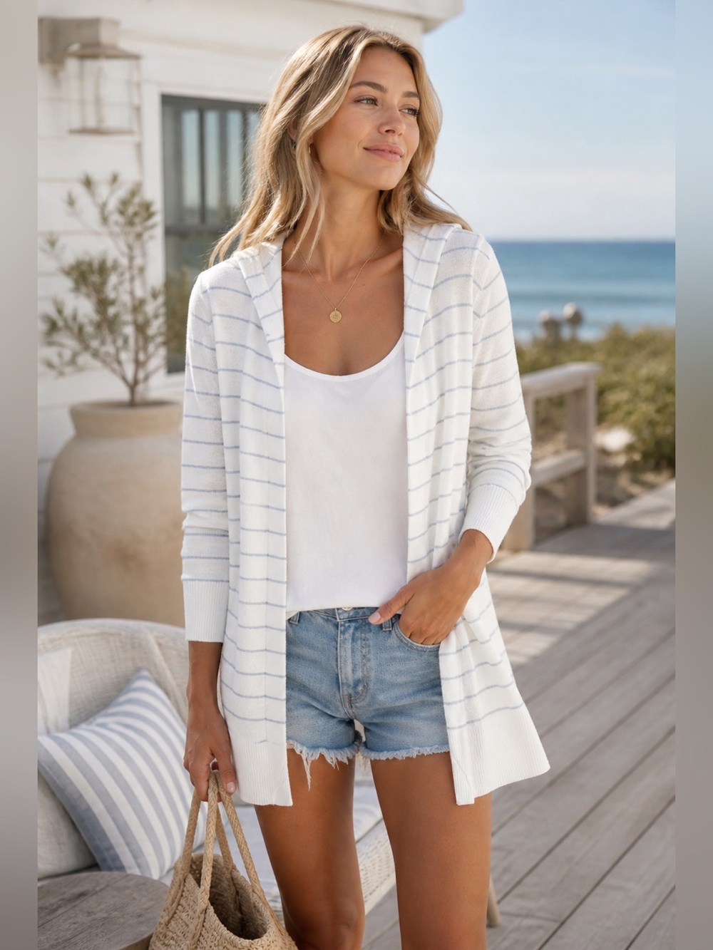CYNTHIA ROWLEY $168 Coastal 100% Linen Hooded Stripe Cardigan Blue Cream Sz M